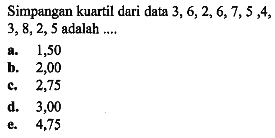 Simpangan kuartil dari data 3,6,2,6,7,5,4,3,8,2,5 adalah ....
