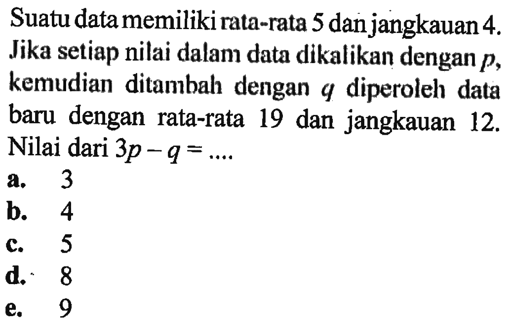 Suatu data memiliki rata-rata 5 dan jangkauan 4. Jika setiap nilai dalam data dikalikan dengan p, kemudian ditambah dengan q diperoleh data baru dengan rata-rata 19 dan jangkauan 12. Nilai dari 3p-q=....
