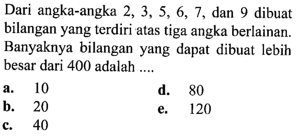 Dari angka-angka 2, 3, 5, 6, 7, dan 9 dibuat bilangan yang terdiri atas tiga angka berlainan. Banyaknya bilangan yang dapat dibuat lebih besar dari 400 adalah ....