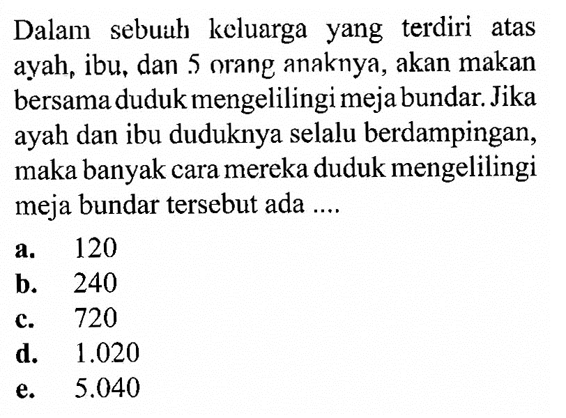 Dalam sebuah keluarga yang terdiri atas ayah, ibu, dan 5 orang anaknya, akan makan bersama duduk mengelilingi meja bundar. Jika ayah dan ibu duduknya selalu berdampingan, maka banyak cara mereka duduk mengelilingi meja bundar tersebut ada ....
