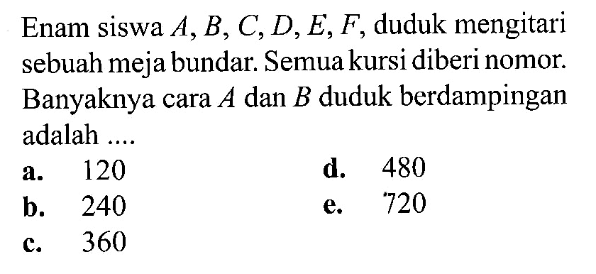 Enam siswa A, B, C, D, E, F, duduk mengitari sebuah meja bundar. Semua kursi diberi nomor. Banyaknya cara A dan B duduk berdampingan adalah ....