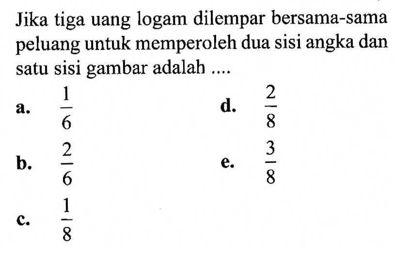 Jika tiga uang logam dilempar bersama-sama peluang untuk memperoleh dua sisi angka dan satu sisi gambar adalah ....