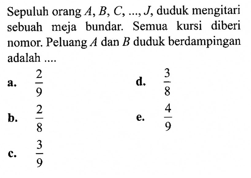 Sepuluh orang A, B, C, ..., J, duduk mengitari sebuah meja bundar. Semua kursi diberi nomor. Peluang A dan B duduk berdampingan adalah .... 