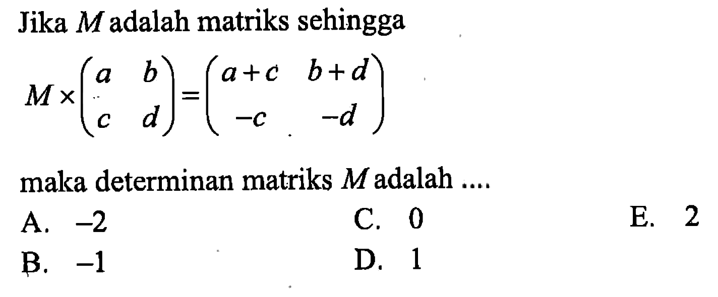 Jika M adalah matriks sehingga M x (a b c d)=(a+c b+d -c -d) maka determinan matriks M adalah ....