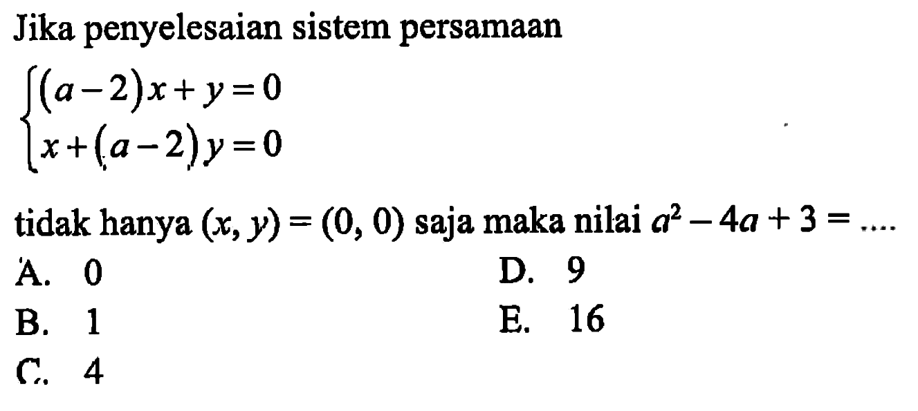 Jika penyelesaian sistem persamaan (a-2)x+y=0 x+(a-2)y=0 tidak hanya (x,y)=(0, 0) saja maka nilai a^2-4a+3=....