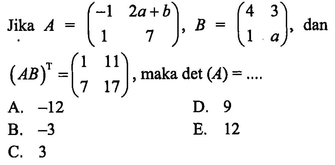 Jika A=(-1 2a+b 1 7), B=(4 3 1 a), dan (AB)^T=(1 11 7 17), maka det(A)=...