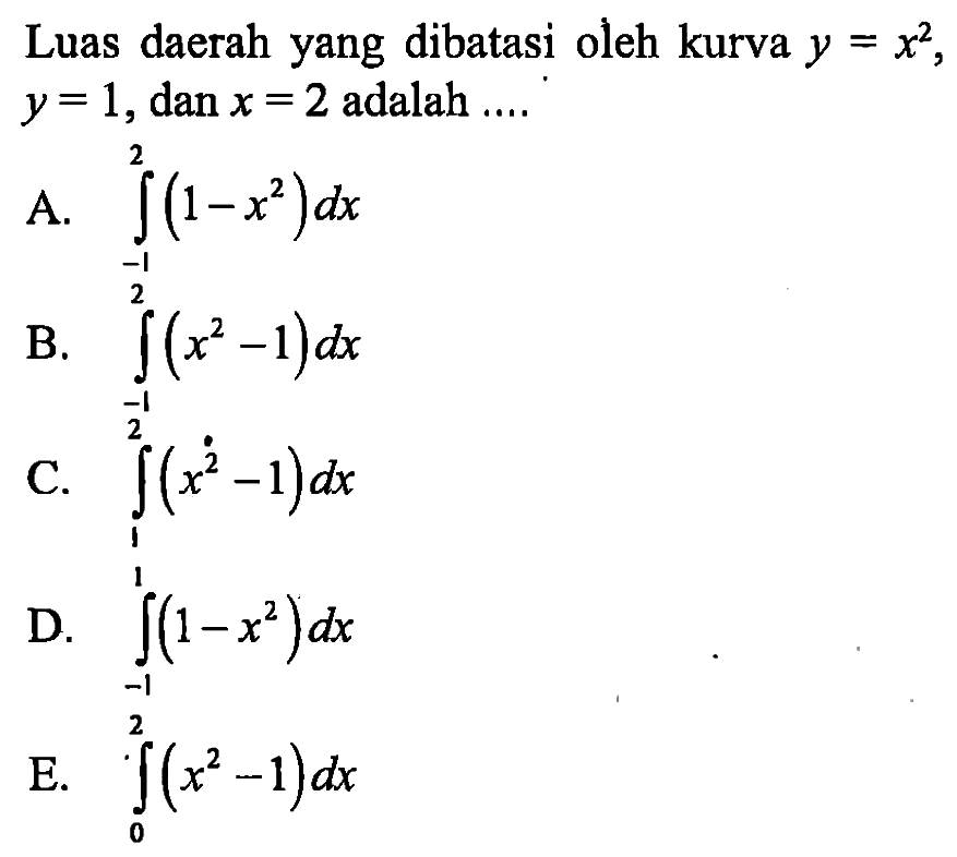 Luas daerah yang dibatasi oleh kurva y=x^2, y=1, dan x=2 adalah ....