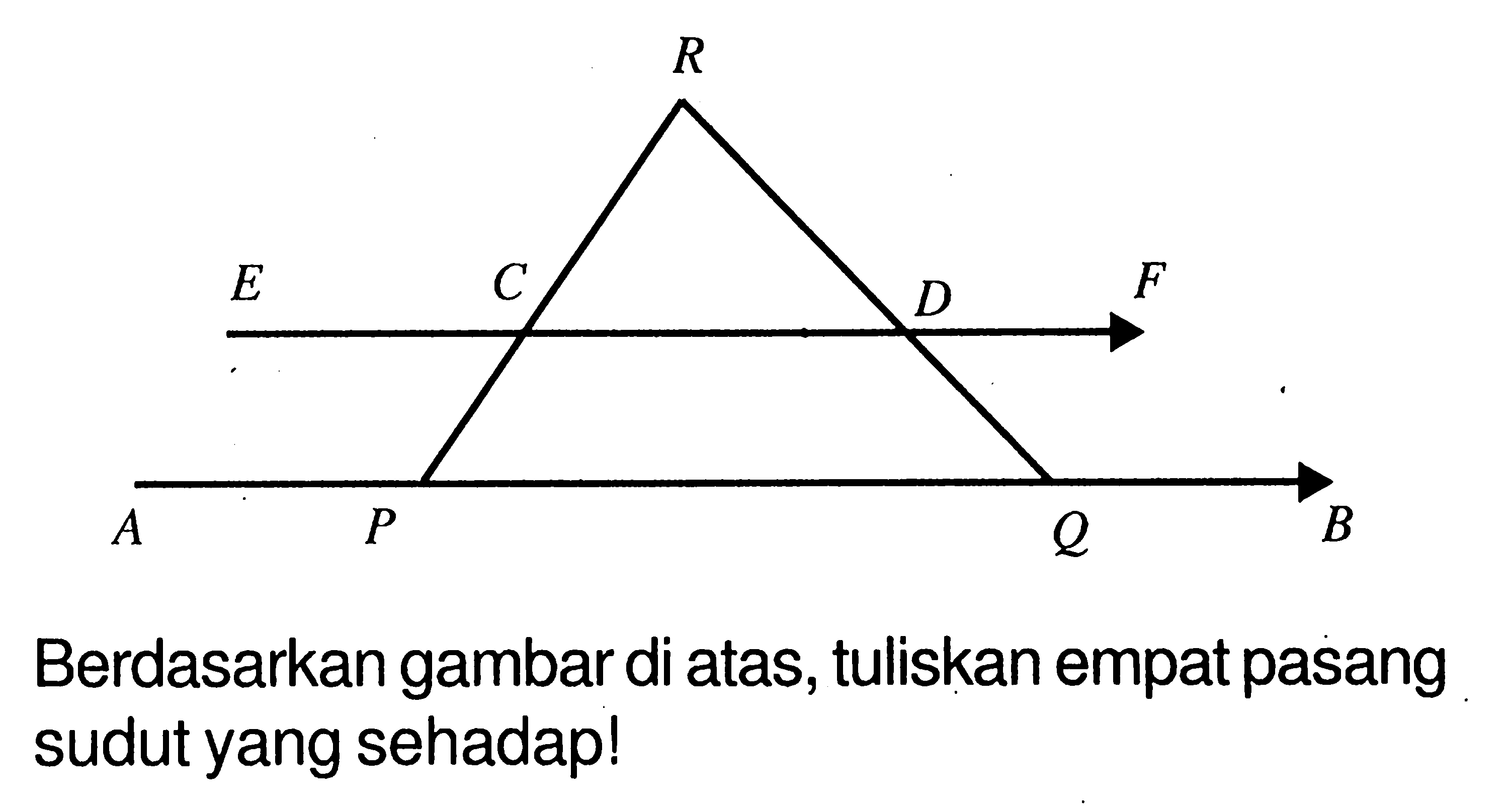 R
E C D F
A P Q B
Berdasarkan gambar di atas, tuliskan empat pasang sudut yang sehadap!