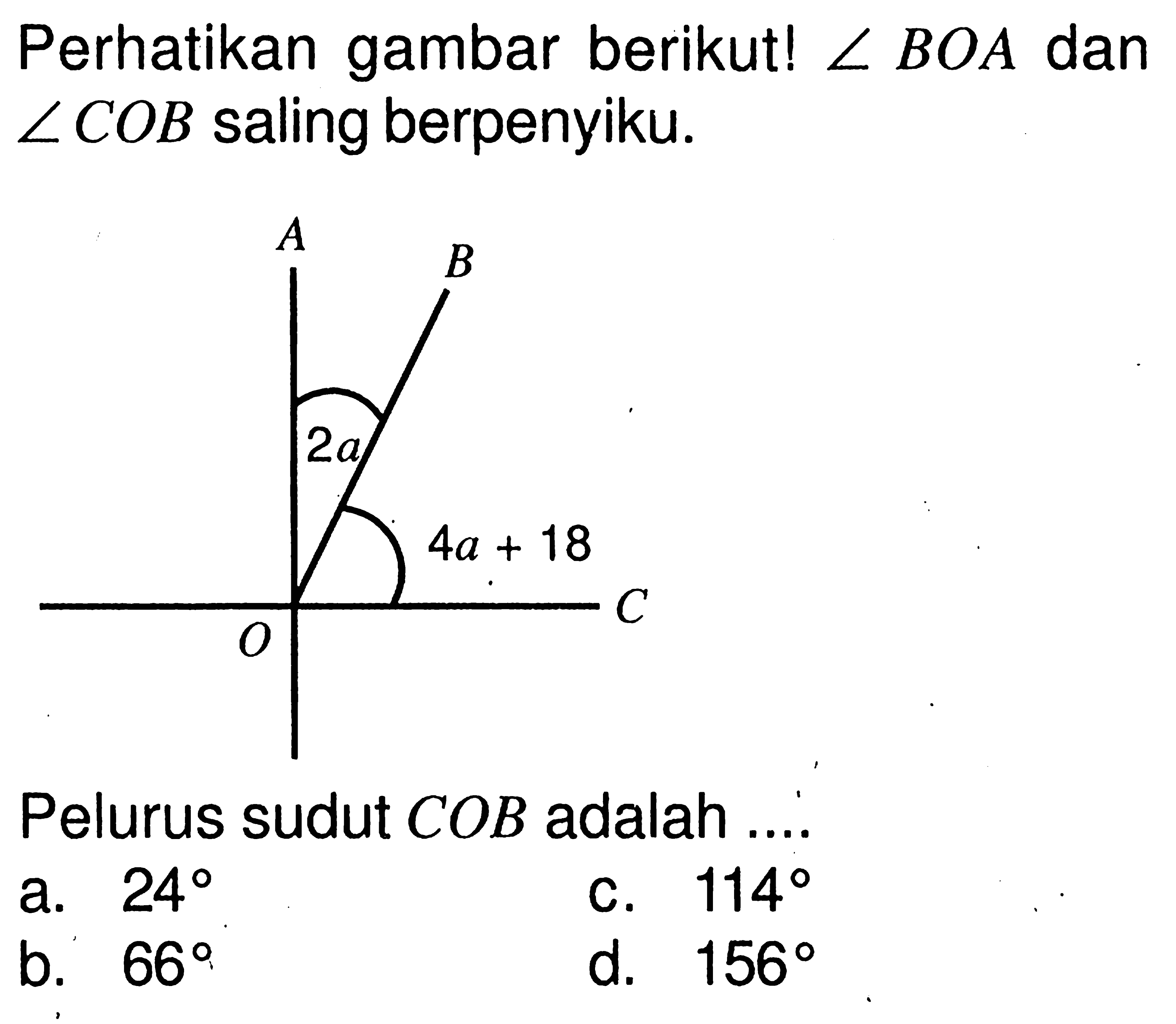 Perhatikan gambar berikut! sudut BOA dan sudut COB saling berpenyiku. 2alpha 4alpha+18 Pelurus sudut COB adalah ....