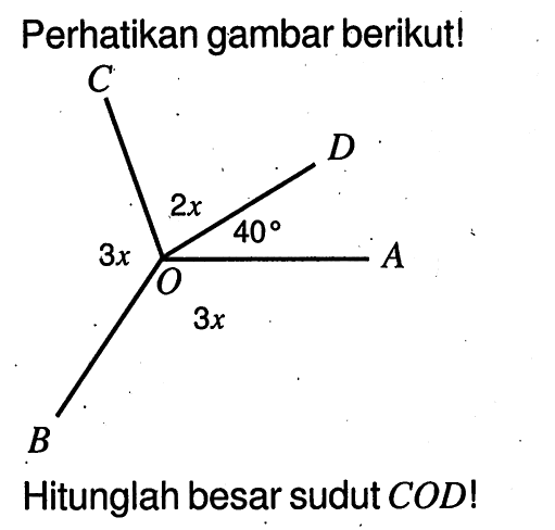 Perhatikan gambar berikut!C D 3x 2x 40 O A 3x BHitunglah besar sudut COD !