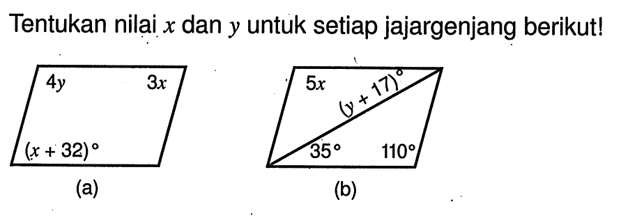 Tentukan nilai x dan y untuk setiap jajargenjang berikut!(a)(b)