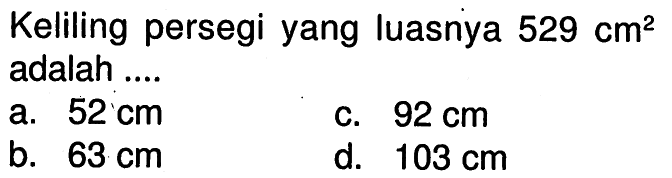 Keliling persegi yang luasnya  529 cm^2  adalah ....