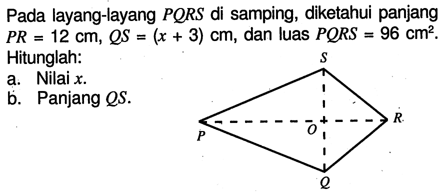 Pada layang-layang PQRS di samping, diketahui panjang PR=12 cm, QS=(x+3) cm, dan luas PQRS=96 cm^2. Hitunglah: a. Nilai x. b. Panjang QS.