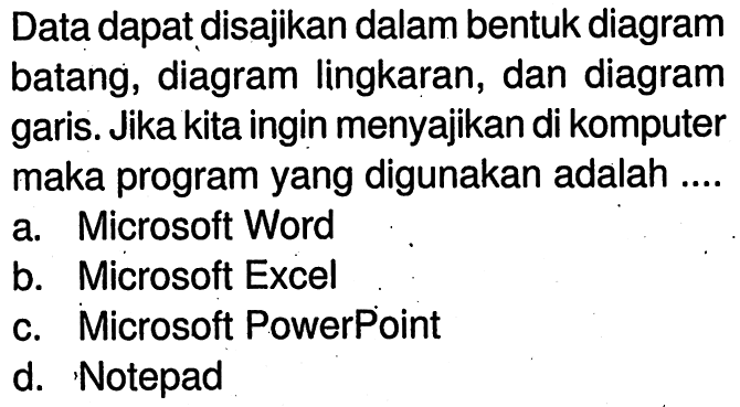 Data dapat disajikan dalam bentuk diagram batang, diagram lingkaran, dan diagram garis. Jika kita ingin menyajikan di komputer maka program yang digunakan adalah ....a. Microsoft Wordb. Microsoft Excelc. Microsoft PowerPointd. Notepad