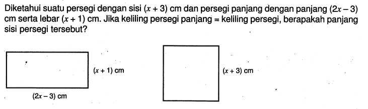 Diketahui suatu persegi dengan sisi (x+3) cm dan persegi panjang dengan panjang (2x-3) cm serta lebar (x+1) cm. Jika keliling persegi panjang = keliling persegi, berapakah panjang sisi persegi tersebut?