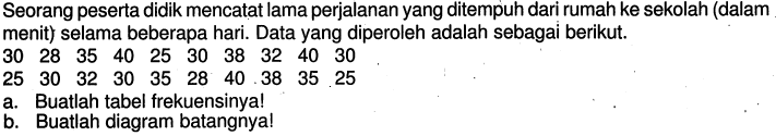 Seorang peserta didik mencatat lama perjalanan yang ditempuh dari rumah ke sekolah (dalam menit) selama beberapa hari. Data yang diperoleh adalah sebagai berikut.   30  28  35  40  25  30  38  32  40  30  25  30  32  30  35  28  40  38  35  25    a. Buatlah tabel frekuensinya!      b. Buatlah diagram batangnya!  