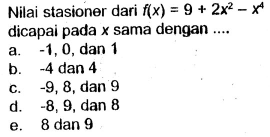 Nilai stasioner dari f(x)=9+2x^2-x^4 dicapai pada x sama dengan ....