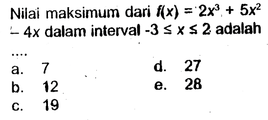 Nilai maksimum dari f(x)=2x^3+5x^2-4x dalam interval -3<=x<=2 adalah ....