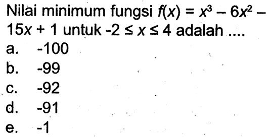 Nilai minimum fungsi f(x)=x^3-6x^2-15x+1 untuk -2<=x<=4 adalah ....