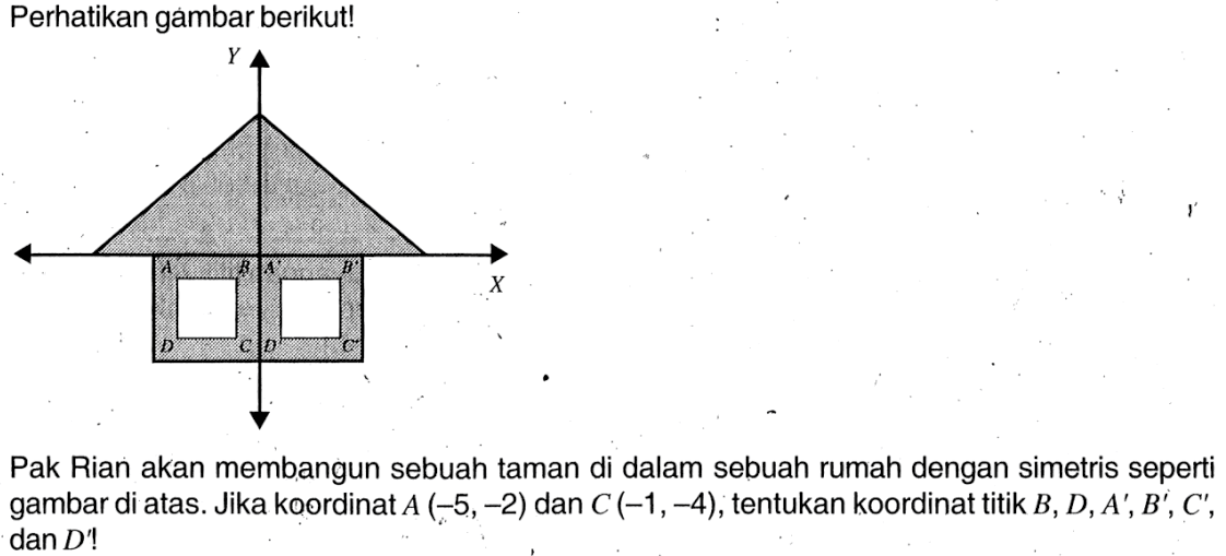 Perhatikan gambar berikut!Pak Rian akan membangun sebuah taman di dalam sebuah rumah dengan simetris seperti gambar di atas. Jika koordinat A(-5,-2) dan C(-1,-4), tentukan koordinat titik B, D, A', B', C', dan D'! 