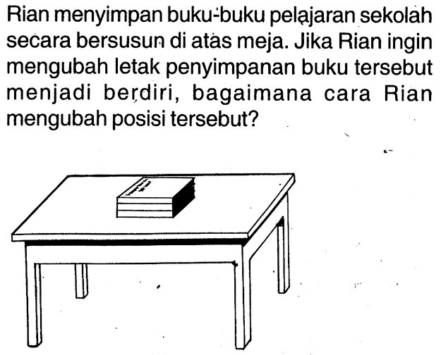 Rian menyimpan buku-buku peląjaran sekolah secara bersusun di atas meja. Jika Rian ingin mengubah letak penyimpanan buku tersebut menjadi berdiri, bagaimana cara Rian mengubah posisi tersebut? meja