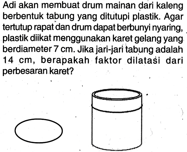 Adi akan membuat drum mainan dari kaleng berbentuk tabung yang ditutupi plastik. Agar tertutup rapat dan drum dapat berbunyi nyaring, plastik diikat menggunakan karet gelang yang berdiameter 7 cm. Jika jari-jari tabung adalah 14 cm, berapakah faktor dilatasi dari perbesarankaret?