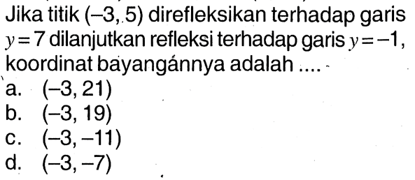 Jika titik (-3,5) direfleksikan terhadap garis y=7 dilanjutkan refleksi terhadap garis y=-1, koordinat bayangannya adalah ....