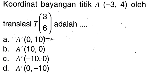 Koordinat bayangan titik A(-3,4) oleh translasi T(3  6) adalah ....