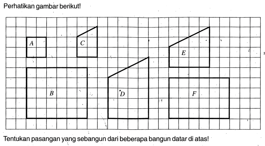 Perhatikan gambar berikut!Tentukan pasangan yang sebangun dari beberapa bangun datar di atas!