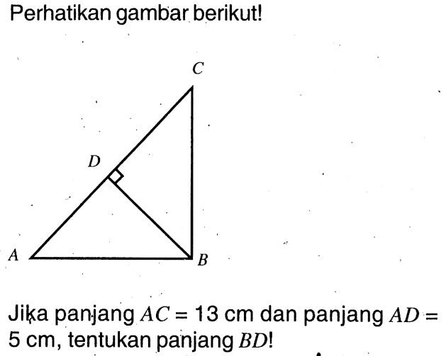 Perhatikan gambar berikut!Segitiga ABC, garis BD tegak lurus garis ACJika panjang AC=13 cm dan panjang AD= 5 cm, tentukan panjang BD !