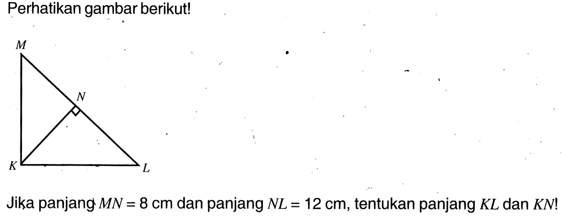 Perhatikan gambar berikut!Jika panjang MN=8 cm dan panjang NL=12 cm, tentukan panjang KL dan KN! 