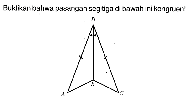 Buktikan bahwa pasangan segitiga di bawah ini kongruen! D B A C 