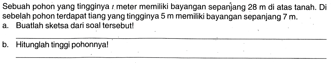 Sebuah pohon yang tingginya t meter memiliki bayangan sepanjang 28 m di atas tanah. Di sebelah pohon terdapat tiang yang tingginya 5 m memiliki bayangan sepanjang 7 m.a. Buatlah sketsa dari soal tersebut!b. Hitunglah tinggi pohonnya!