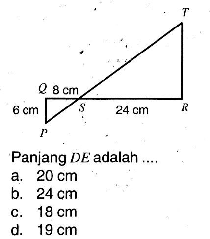 T Q 8 cm 6 cm P S 24 cm R Panjang DE adalah ....a. 20 cm b. 24 cm c. 18 cm d. 19 cm 