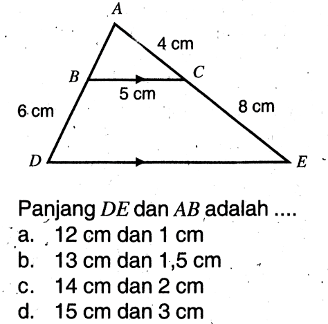 Panjang DE dan AB adalah .... segitiga 6 cm 4 cm 8 cm 5 cm a. 12 cm dan 1 cm b. 13 cm dan 1,5 cm c. 14 cm dan 2 cm d. 15 cm dan 3 cm 