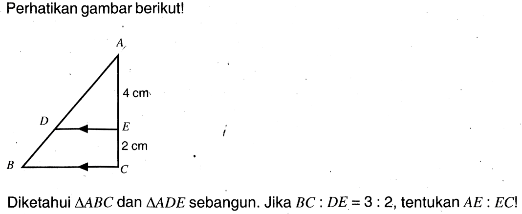 Perhatikan gambar berikut! A 4 cm D E 2 cm B C Diketahui segitiga ABC dan segitiga ADE sebangun. Jika BC:DE=3:2, tentukan AE:EC!