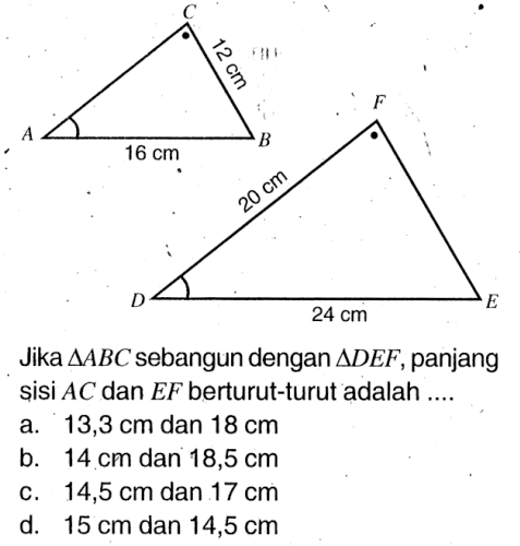 C 12cm A 16cm F 20cm D 24cm E. Jika segitiga ABC sebangun dengan segitiga DEF, panjang sisi  AC  dan  EF  berturut-turut adalah ....