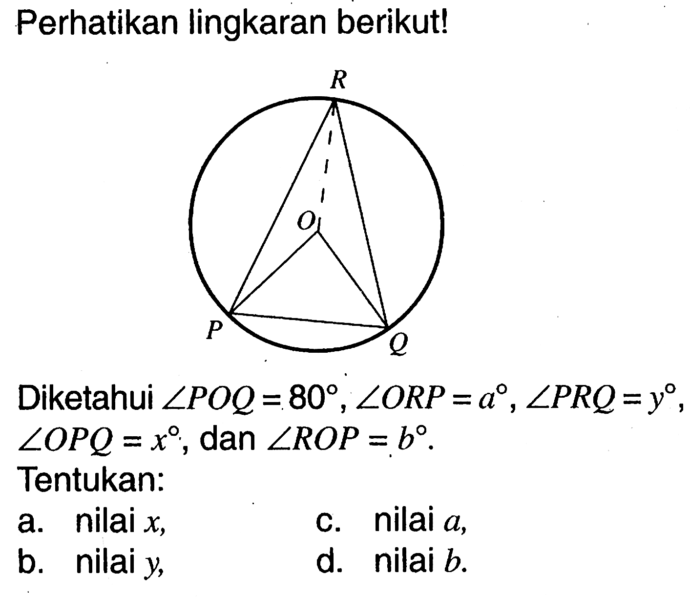 Perhatikan lingkaran berikut! R O P QDiketahui sudut POQ=80, sudut ORP=a, sudut PRQ=y, sudut OPQ=x, dan sudut ROP=b.Tentukan:a. nilai x,c. nilai a,b. nilai y,d. nilai b.