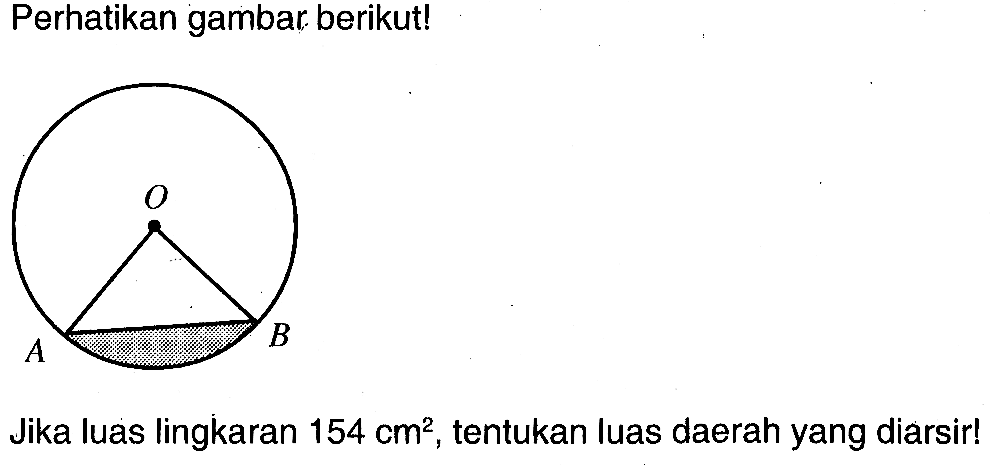 Perhatikan gambar berikut!Jika luas lingkaran 154 cm^2, tentukan luas daerah yang diarsir!