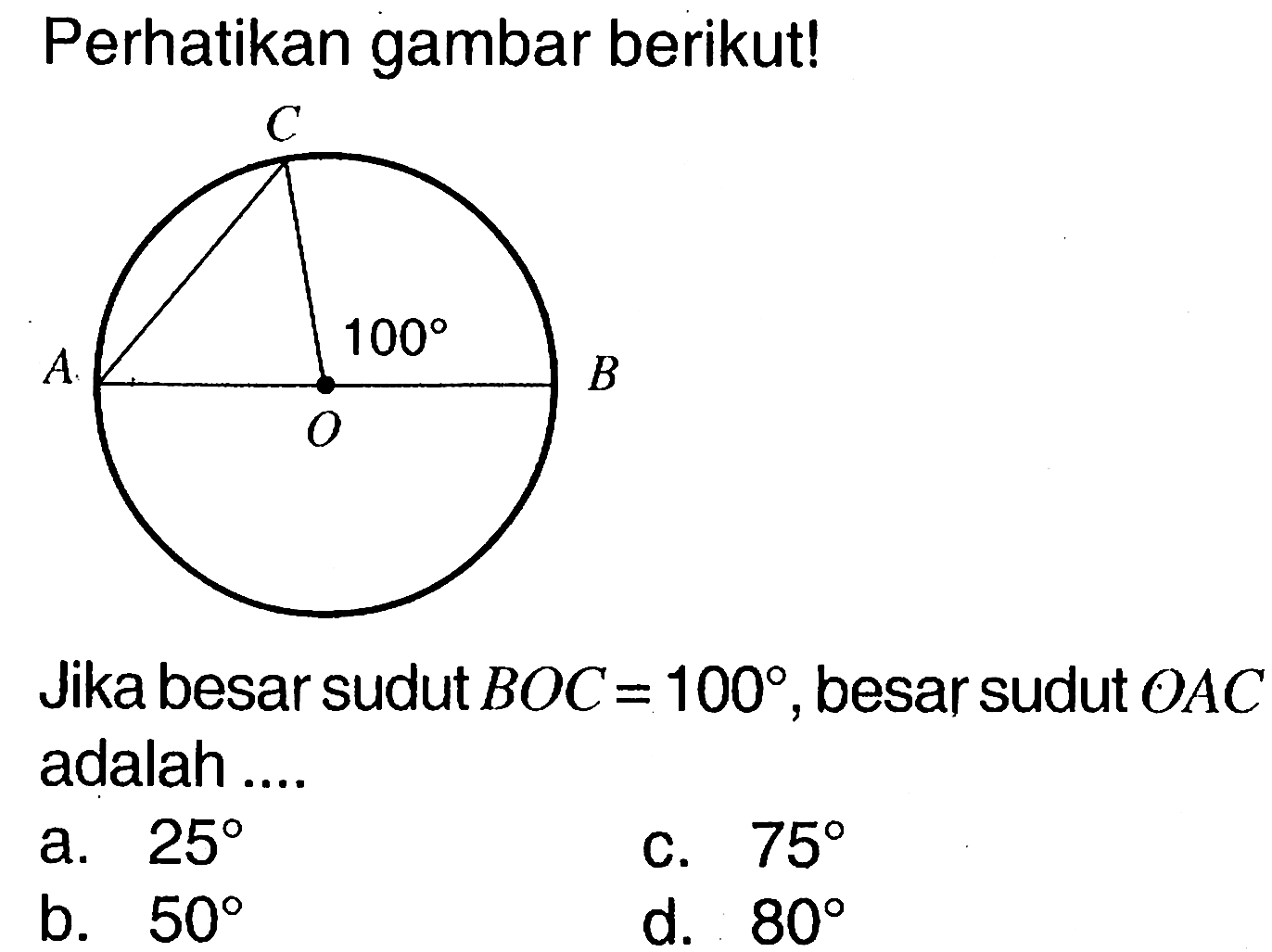 Perhatikan gambar berikut!Jika besar sudut BOC=100, besar sudut OAC adalah ....