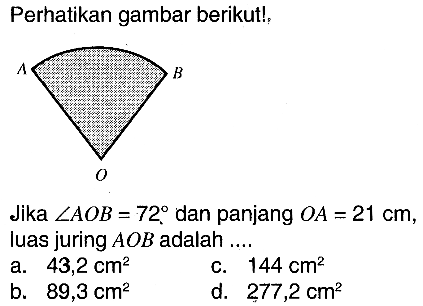 Perhatikan gambar berikut! Jika sudut AOB=72 dan panjang OA=21 cm, luas juring AOB adalah ....