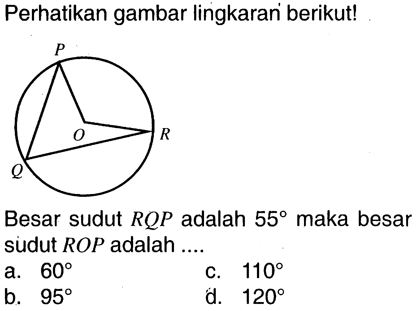 Perhatikan gambar lingkaran berikut! Besar sudut RQP adalah 55 maka besar sudut ROP adalah ...