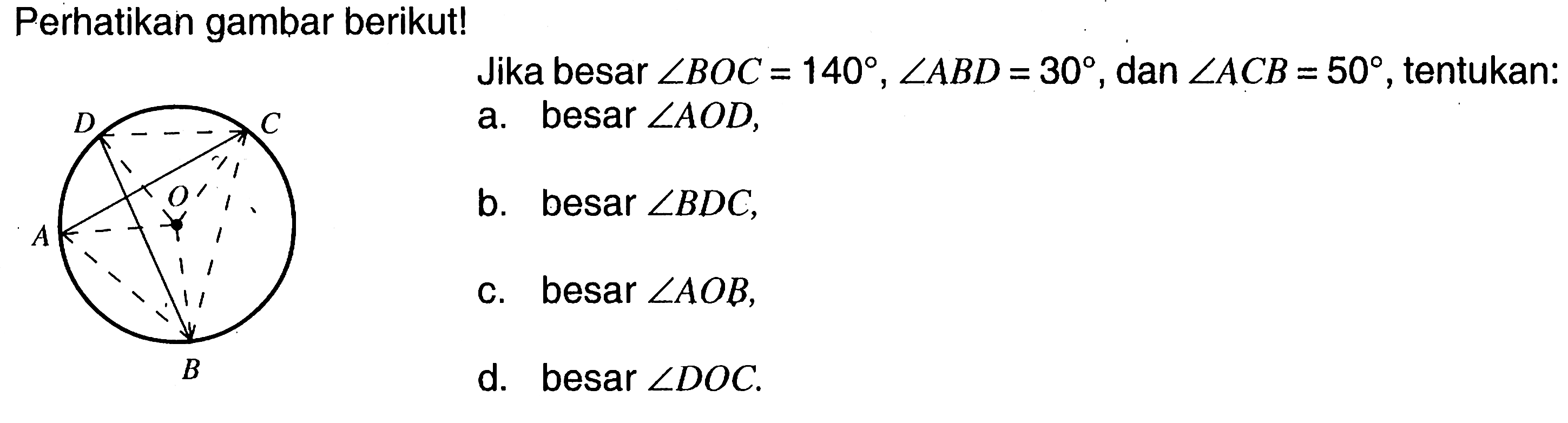 Perhatikan gambar berikut! A B C D OJika besar sudut BOC=140, sudut ABD=30, dan sudut ACB=50, tentukan:a. besar sudut AOD,b. besar sudut BDC,c. besar sudut AOB,d. besar sudut DOC.