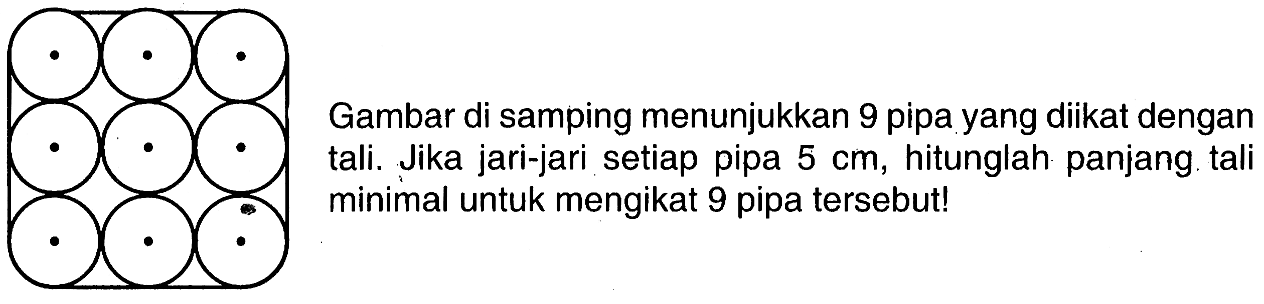 Gambar di samping menunjukkan 9 pipa yang diikat dengan tali. Jika jari-jari setiap pipa 5 cm, hitunglah panjang tali minimal untuk mengikat 9 pipa tersebut!