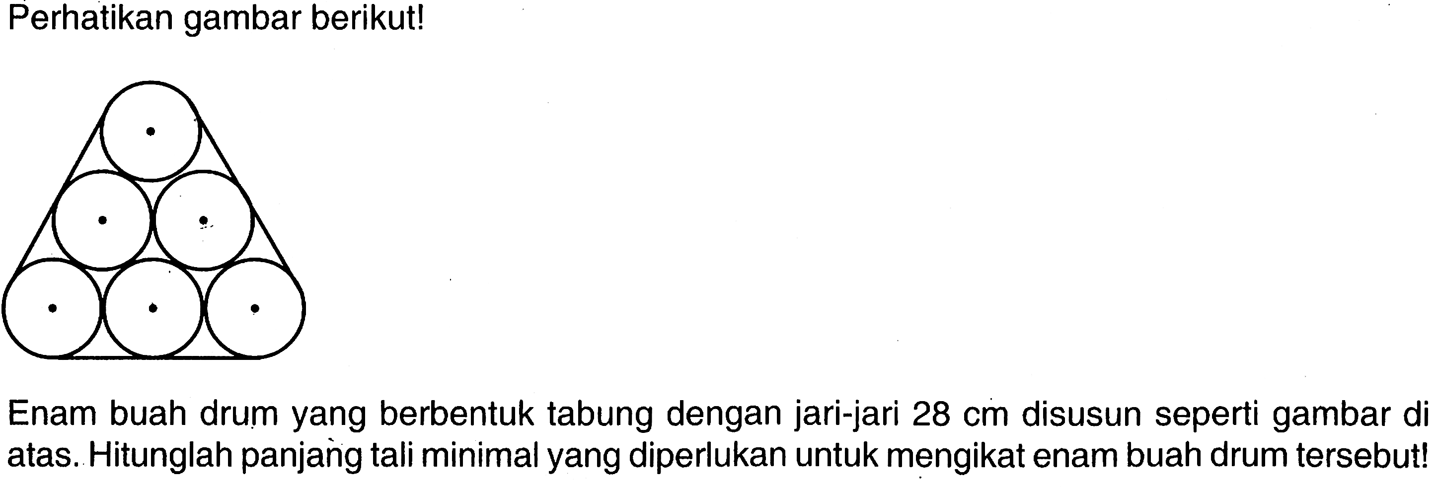 Perhatikan gambar berikut!Enam buah drum yang berbentuk  tabung dengan jari-jari  28 cm  disusun seperti gambar di atas. Hitunglah panjang   tali minimal yang diperlukan untuk mengikat enam buah drum   tersebut!