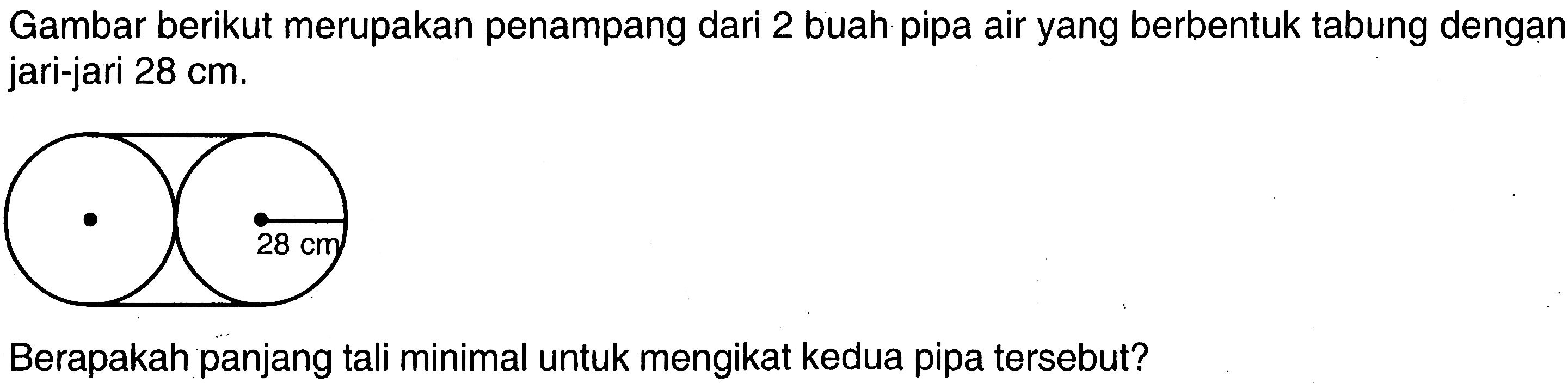 Gambar berikut merupakan penampang dari 2 buah pipa air yang berbentuk tabung dengan jari-jari 28 cm.Berapakah panjang tali minimal untuk mengikat kedua pipa tersebut?