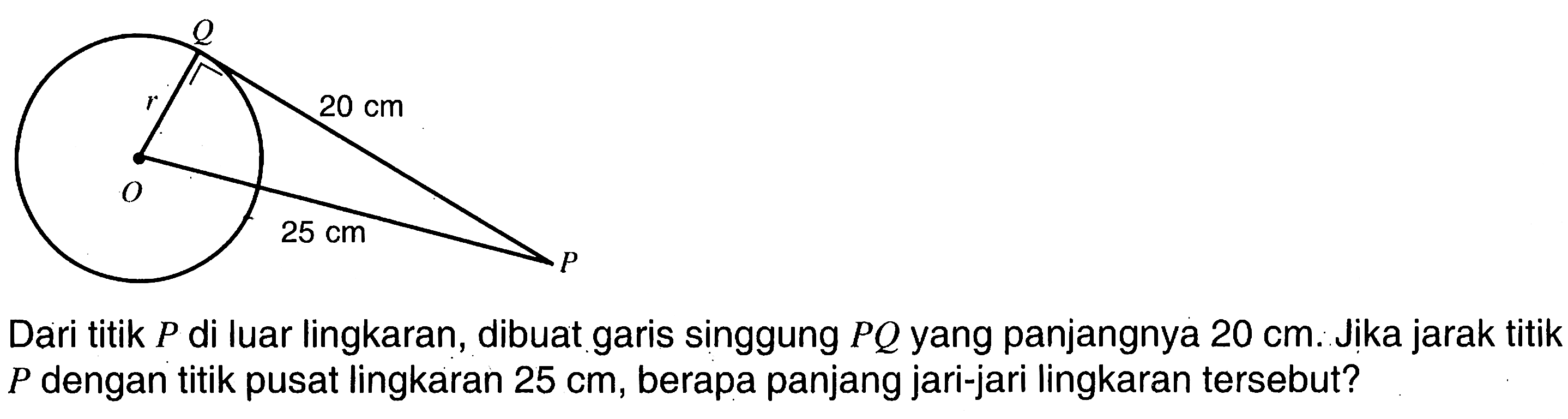 Q 20 cm r P O 25 cm Dari titik P di luar lingkaran, dibuat garis singgung PQ yang panjangnya 20 cm. Jika jarak titik P dengan titik pusat lingkaran 25 cm, berapa panjang jari-jari lingkaran tersebut?