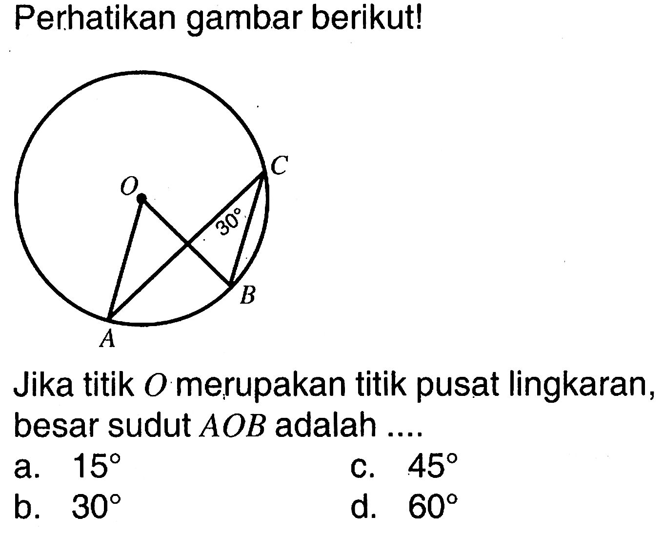 Perhatikan gambar berikut! 30 Jika titik O merupakan titik pusat lingkaran, besar sudut AOB adalah .... a. 15 c. 45 b. 30 d. 60