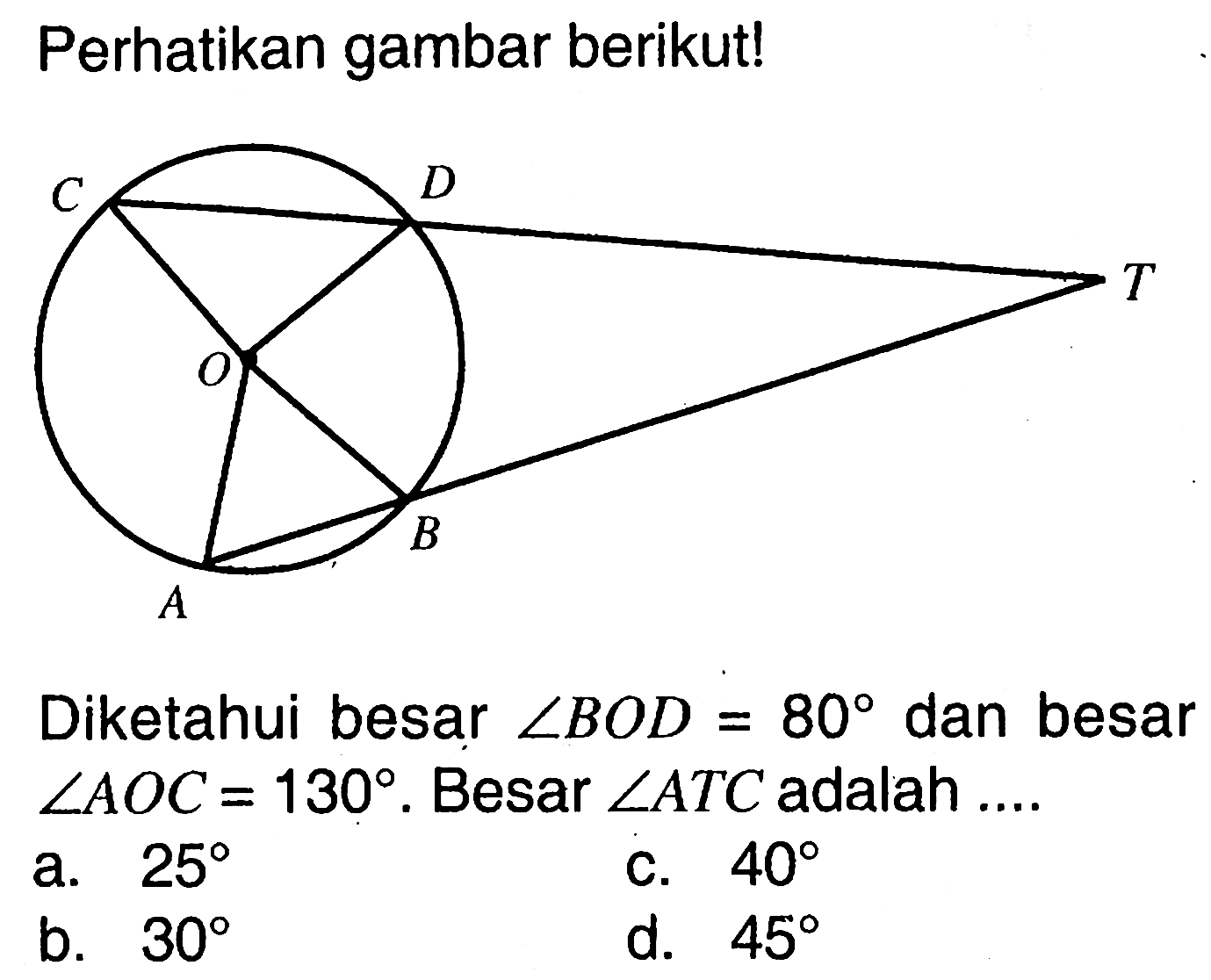 perhatikan gambar berikut! C DT O A B Diketahui besar sudut BOD=80 dan besar sudut AOC=130. Besar sudut  ATC adalah.... a. 25 b. 30 c. 40 d. 45   