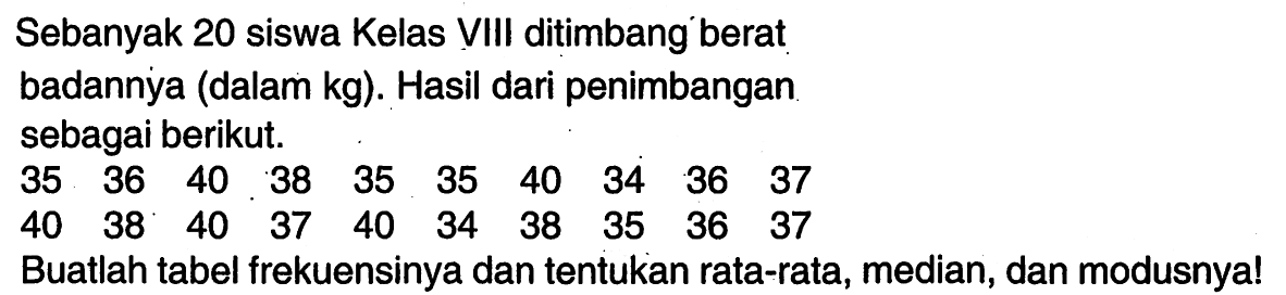 Sebanyak 20 siswa Kelas VIII ditimbang berat badannya (dalam kg). Hasil dari penimbangan sebagai berikut. 35 36 40 38 35 35 40 34 36 37 40 38 40 37 40 34 38 35 36 37 Buatlah tabel frekuensinya dan tentukan rata-rata, median, dan modusnya!